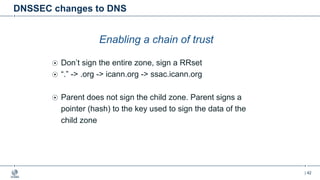 | 42
DNSSEC changes to DNS
Enabling a chain of trust
Don’t sign the entire zone, sign a RRset
“.” -> .org -> icann.org -> ssac.icann.org
Parent does not sign the child zone. Parent signs a
pointer (hash) to the key used to sign the data of the
child zone
 