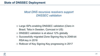 | 53
State of DNSSEC Deployment
Most DNS recursive resolvers support
DNSSEC validation
Large ISPs enabling DNSSEC validation (Claro in
Brasil, Telia in Sweden, Comcast in US)
DNSSEC validation is at about 12% globally
Successfully migrated Zone Signing Key to 2048-bit
RSA key in 2016
Rollover of Key Signing Key progressing in 2017
 