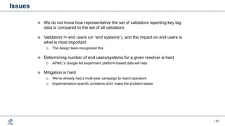 | 80
Issues
¤ We do not know how representative the set of validators reporting key tag
data is compared to the set of all validators
¤ Validators != end users (or “end systems”), and the impact on end users is
what is most important
¡ The design team recognized this
¤ Determining number of end users/systems for a given resolver is hard
¡ APNIC’s Google Ad experiment platform-based data will help
¤ Mitigation is hard
¡ We’ve already had a multi-year campaign to reach operators
¡ Implementation-specific problems don’t make the problem easier
 