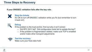 | 87
Three Steps to Recovery
Stop the tickets
It's OK to turn off DNSSEC validation while you fix (but remember to turn
it back on!)
Debug
If the problem is the trust anchor, find out why it isn't correct
o Did RFC 5011 fail? Did configuration tools fail to update the key?
o If the problem is fragmentation related, make sure TCP is enabled
and/or make other transport adjustments
Test the recovery
Make sure your fixes take hold
If your DNSSEC validation fails after the key role:
 