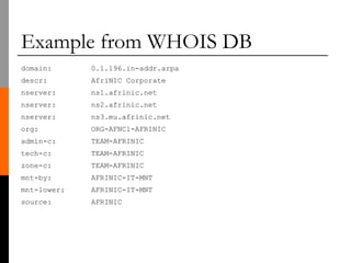 Example from WHOIS DB
domain: 0.1.196.in-addr.arpa
descr: AfriNIC Corporate
nserver: ns1.afrinic.net
nserver: ns2.afrinic.net
nserver: ns3.mu.afrinic.net
org: ORG-AFNC1-AFRINIC
admin-c: TEAM-AFRINIC
tech-c: TEAM-AFRINIC
zone-c: TEAM-AFRINIC
mnt-by: AFRINIC-IT-MNT
mnt-lower: AFRINIC-IT-MNT
source: AFRINIC
 