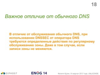 В отличие от обслуживания обычного DNS, при
использовании DNSSEC от оператора DNS
требуются определенные действия по регулярному
обслуживанию зоны. Даже в том случае, если
записи зоны не меняются.
Важное отличие от обычного DNS
D I P H O S T Филипп Кулин, III квартал 2017 года, UNLICENSE
18
 