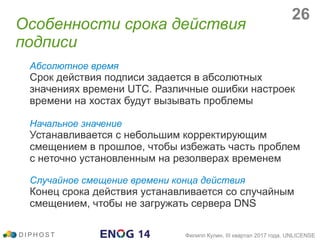 Абсолютное время
Срок действия подписи задается в абсолютных
значениях времени UTC. Различные ошибки настроек
времени на хостах будут вызывать проблемы
Начальное значение
Устанавливается с небольшим корректирующим
смещением в прошлое, чтобы избежать часть проблем
с неточно установленным на резолверах временем
Случайное смещение времени конца действия
Конец срока действия устанавливается со случайным
смещением, чтобы не загружать сервера DNS
Особенности cрока действия
подписи
D I P H O S T Филипп Кулин, III квартал 2017 года, UNLICENSE
26
 