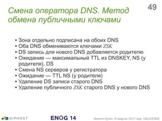 ● Зона отдельно подписана на обоих DNS
● Оба DNS обмениваются ключами ZSK
● DS запись для нового DNS добавляется родителю
● Ожидание — максимальный TTL из DNSKEY, NS (у
родителя), DS
● Смена NS серверов у регистратора
● Ожидание — TTL NS (у родителя)
● Удаление DS записи старого DNS
● Удаление публичного ZSK старого DNS у нового DNS
Смена оператора DNS. Метод
обмена публичными ключами
D I P H O S T Филипп Кулин, III квартал 2017 года, UNLICENSE
49
 