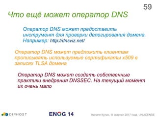 Оператор DNS может предоставить
инструмент для проверки делегирования домена.
Например: http://dnsviz.net/
Оператор DNS может предложить клиентам
прописывать используемые сертификаты x509 в
записях TLSA домена
Оператор DNS может создать собственные
практики внедрения DNSSEC. На текущий момент
их очень мало
Что ещё может оператор DNS
D I P H O S T Филипп Кулин, III квартал 2017 года, UNLICENSE
59
 
