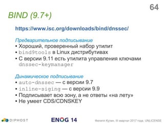 https://www.isc.org/downloads/bind/dnssec/
Предварительное подписывание
● Хороший, проверенный набор утилит
● bind9tools в Linux дистрибутивах
● С версии 9.11 есть утилита управления ключами
dnssec-keymanager
Динамическое подписывание
● auto-dnssec — с версии 9.7
● inline-siging — с версии 9.9
● Подписывает всю зону, а не ответы «на лету»
● Не умеет CDS/CDNSKEY
BIND (9.7+)
D I P H O S T Филипп Кулин, III квартал 2017 года, UNLICENSE
64
 