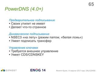 Предварительное подписывание
● Своих утилит не имеет
● Делает что-то странное
Динамическое подписывание
● NSEC3 «на лету» (режим narrow, «белая ложь»)
● Умеет подписать трансфер
Управление ключами
● Требуется внешнее управление
● Умеет CDS/CDNSKEY
PowerDNS (4.0+)
D I P H O S T Филипп Кулин, III квартал 2017 года, UNLICENSE
65
 