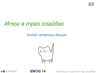 Итог в трех слайдах
Слайд «вопросы» близко
D I P H O S T Филипп Кулин, III квартал 2017 года, UNLICENSE
69
 