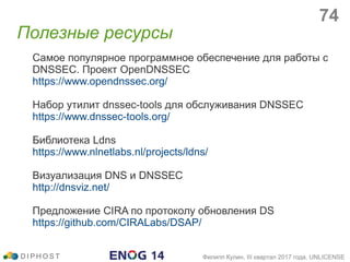 Самое популярное программное обеспечение для работы с
DNSSEC. Проект OpenDNSSEC
https://www.opendnssec.org/
Набор утилит dnssec-tools для обслуживания DNSSEC
https://www.dnssec-tools.org/
Библиотека Ldns
https://www.nlnetlabs.nl/projects/ldns/
Визуализация DNS и DNSSEC
http://dnsviz.net/
Предложение CIRA по протоколу обновления DS
https://github.com/CIRALabs/DSAP/
Полезные ресурсы
D I P H O S T Филипп Кулин, III квартал 2017 года, UNLICENSE
74
 