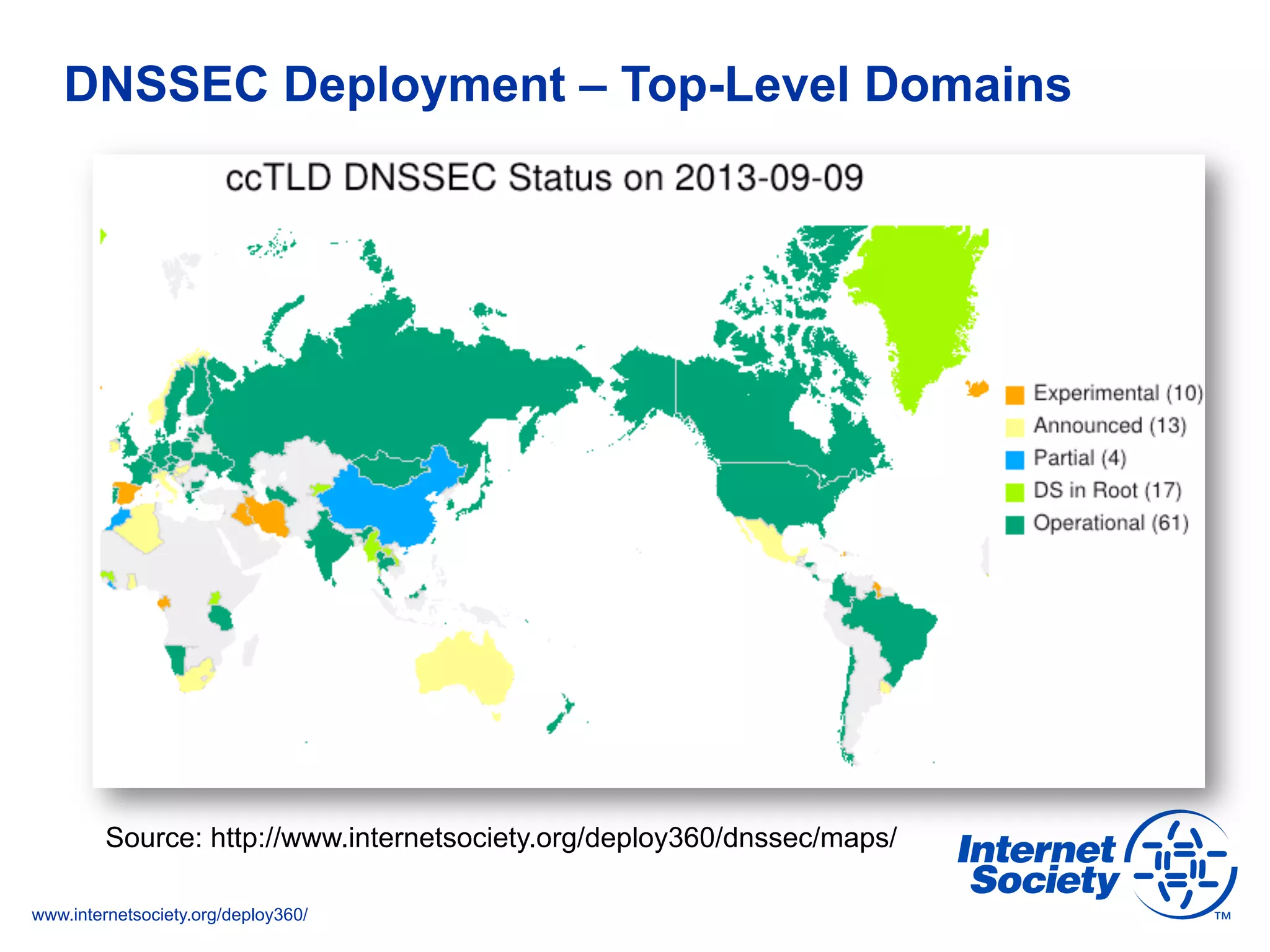 www.internetsociety.org/deploy360/
DNSSEC Deployment – Top-Level Domains
Source: http://www.internetsociety.org/deploy360/dnssec/maps/
 