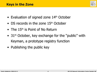 Keys in the Zone Evaluation of signed zone 14 th  October DS records in the zone 15 th  October The 15 th  is Point of No Return 31 th  October, key exchange for the “public” with Keyman, a prototype registry function Publishing the public key 