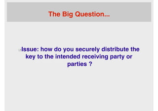 The Big Question...
+ Issue: how do you securely distribute the
key to the intended receiving party or
parties ?
 