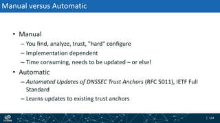 | 114| 114
Manual versus Automatic
• Manual
– You find, analyze, trust, "hard" configure
– Implementation dependent
– Time consuming, needs to be updated – or else!
• Automatic
– Automated Updates of DNSSEC Trust Anchors (RFC 5011), IETF Full
Standard
– Learns updates to existing trust anchors
 