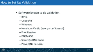 | 121| 121
How to Set Up Validation
• Software known to do validation
– BIND
– Unbound
– Windows
– Nominum Vantio (now part of Akamai)
– Knot Resolver
– DNSMASQ
– Secure64 DNS Cache
– PowerDNS Recursor
 