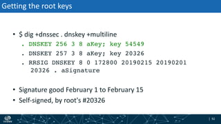| 92| 92
Getting the root keys
• $ dig +dnssec . dnskey +multiline
. DNSKEY 256 3 8 aKey; key 54549
. DNSKEY 257 3 8 aKey; key 20326
. RRSIG DNSKEY 8 0 172800 20190215 20190201
20326 . aSignature
• Signature good February 1 to February 15
• Self-signed, by root's #20326
 