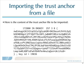 ©  Men  &  Mice    http://menandmice.com  
Importing  the  trust  anchor  
from  a  file
• Here  is  the  content  of  the  trust  anchor  file  to  be  imported:
                          . 172800 IN DNSKEY 257 3 8 (
AwEAAagAIKlVZrpC6Ia7gEzahOR+9W29euxhJhVVLOyQ
bSEW0O8gcCjFFVQUTf6v58fLjwBd0YI0EzrAcQqBGCzh
/RStIoO8g0NfnfL2MTJRkxoXbfDaUeVPQuYEhg37NZWA
JQ9VnMVDxP/VHL496M/QZxkjf5/Efucp2gaDX6RS6CXp
oY68LsvPVjR0ZSwzz1apAzvN9dlzEheX7ICJBBtuA6G3
LQpzW5hOA2hzCTMjJPJ8LbqF6dsV6DoBQzgul0sGIcGO
Yl7OyQdXfZ57relSQageu+ipAdTTJ25AsRTAoub8ONGc
LmqrAmRLKBP1dfwhYB4N7knNnulqQxA+Uk1ihz0=
) ; key id = 19036
67
 