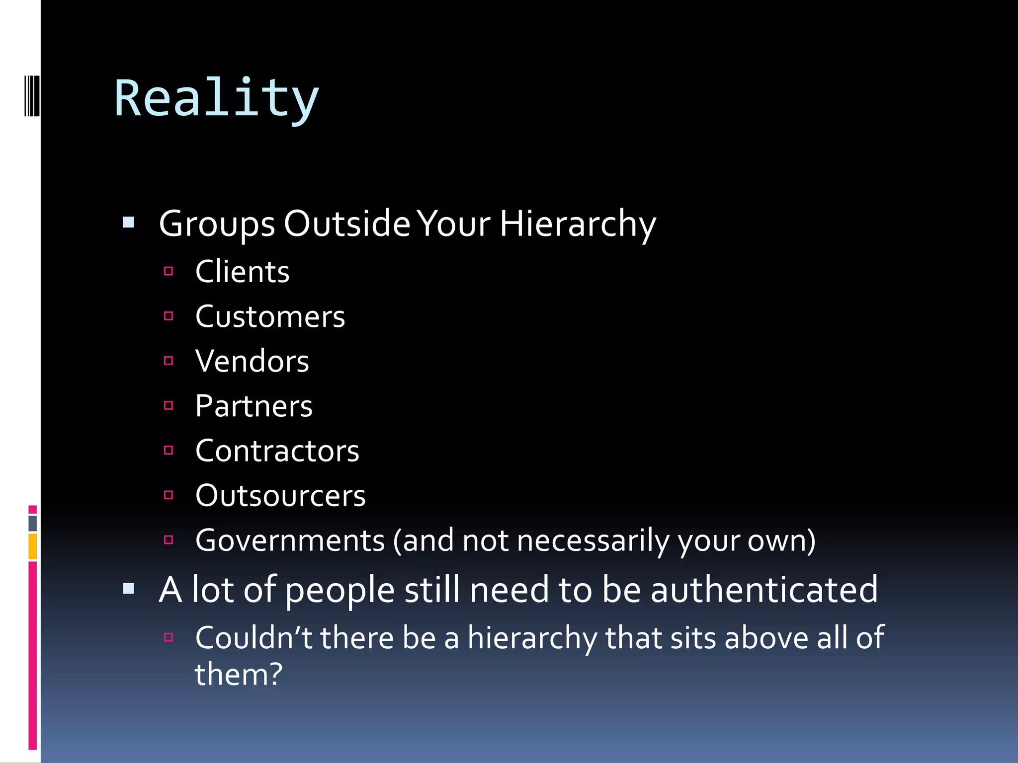 Reality
 Groups OutsideYour Hierarchy
 Clients
 Customers
 Vendors
 Partners
 Contractors
 Outsourcers
 Governments (and not necessarily your own)
 A lot of people still need to be authenticated
 Couldn’t there be a hierarchy that sits above all of
them?
 