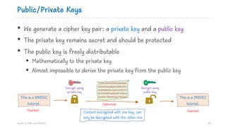 Public/Private Keys
• We generate a cipher key pair: a private key and a public key
• The private key remains secret and should be protected
• The public key is freely distributable
§ Mathematically to the private key
§ Almost impossible to derive the private key from the public key
Hands on DNS and DNSSEC 28
Content encrypted with one key, can
only be decrypted with the other one
This is a DNSSEC
tutorial.
Encrypt using
private key
Decrypt using
public key
EnCt251cf69f1b39955c18b9065b3
251e48cb51aedb6a51cf69f1b3995
5c18b9065b32zi/xgEAswPLDNiLFl+l
QA/5iuWANQZYqddwnHSFYv5Ghe+p
E6m9eVtrTS8kk2RInZgimYPBIwEmS This is a DNSSEC
tutorial.
Cleartext Cleartext
Ciphertext
 