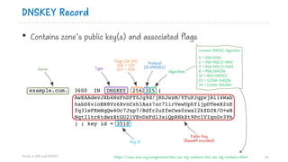 DNSKEY Record
• Contains zone’s public key(s) and associated flags
Hands on DNS and DNSSEC 45
example.com. 3600 IN DNSKEY 256 3 5 (
AwEAAdevJXb4NxFnDFT0Jg9d/jRhJwzM/YTuPJqpvjRl14Wab
habS6vioBX8Vz6XvnCzhlAxz7zc7lirVewUphYijpDTeeX2nE
fq3leFKmHqQw4Oc7Jxp7/Bdfr2uZfeCws0zwal2kZDJX/O+wB
NqtIltc6tdwzXtGU21VEvDsFdl3xiQpRHkXt9PclVIqnGv39h
) ; key id = 3510
Owner
Key ID
Public Key
(Base64 encoded)
Type
Algorithm
Protocol
(3=DNSSEC)
Flags (16-bit)
256 = ZSK
257 = KSK
Common DNSSEC Algorithm
5 = RSA/SHA1
6 = DSA-NSEC3-SHA1
7 = RSA-NSEC3-SHA1
8 = RSA/SHA256
10 = RSA/SHA512
13 = ECDSA-SHA256
14 = ECDSA-SHA384
https://www.iana.org/assignments/dns-sec-alg-numbers/dns-sec-alg-numbers.xhtml
 