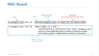 NSEC Record
Hands on DNS and DNSSEC 48
a.example.com. 600 IN NSEC d.example.com. A AAAA TXT MX RRSIG NSEC
a.example.com. 600 IN RRSIG NSEC 13 2 600 (
20200918035156 20200819031904 54481 example.com.
kw2k+hl38n92gMCOWyocpd12rxP8Bz1ChE9gwtnusDMZ
DDV7d4PGcoykHmt/+MQEcPSWLw+ec6WLjniD0Nud0A== )
Owner
Signature of the
corresponding NSEC
Type
Next Owner Name
in the zone
Type Bitmap
(List of Types defined at Owner Name)
 