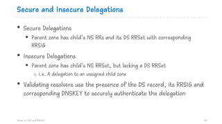 Secure and Insecure Delegations
• Secure Delegations
§ Parent zone has child’s NS RRs and its DS RRSet with corresponding
RRSIG
• Insecure Delegations
§ Parent zone has child’s NS RRSet, but lacking a DS RRSet
o i.e. A delegation to an unsigned child zone
• Validating resolvers use the presence of the DS record, its RRSIG and
corresponding DNSKEY to securely authenticate the delegation
Hands on DNS and DNSSEC 54
 