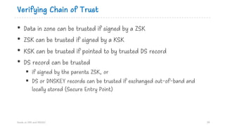 Verifying Chain of Trust
• Data in zone can be trusted if signed by a ZSK
• ZSK can be trusted if signed by a KSK
• KSK can be trusted if pointed to by trusted DS record
• DS record can be trusted
§ if signed by the parents ZSK, or
§ DS or DNSKEY records can be trusted if exchanged out-of-band and
locally stored (Secure Entry Point)
Hands on DNS and DNSSEC 58
 