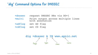 ‘dig’ Command Options for DNSSEC
+dnssec request DNSSEC RRs via DO=1
+multi Print output across multiple lines
with annotation
+adflag set AD flag
+cdflag set CD flag
Hands on DNS and DNSSEC 67
dig +dnssec A IN www.apnic.net
flags type class name
 