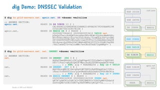 $ dig @a.gtld-servers.net. apnic.net. DS +dnssec +multiline
;; ANSWER SECTION:
apnic.net. 86400 IN DS 53839 13 2 (
CA144D6C226FED85E326B8E214F6B20C7F265EAFE198
CC501B6756C3C8578108 )
apnic.net. 86400 IN RRSIG DS 8 2 86400 (
20200827064410 20200820053410 56519 net.
p0eQsT5wcu9oHQR5vwuaKwnSKk+MLW+YQobkcMwRFdSu
B5vPfEhcFEGg+due7mrfZZc8xKa/fz6WdLmJhF+pvZWG
SP+G0mVXf6XFC2Wlng6r1LQcTCFVzi5i6kmdkmrnAxO8
DD+Ayne+QyPPRu0ZkCJWghuMfX43fITI5t95dBj9g2RD
/4X11whKG/D+VaIcoMWi+xvCNcSTkdG72gkWRg== )
dig Demo: DNSSEC Validation
Hands on DNS and DNSSEC
RRSIG
ZSK 56519
KSK 35886
RRSIG
ZSK 46594
KSK 20326
AAAA
AAAA RRSIG
ZSK 18494
KSK 53839
$ dig @a.gtld-servers.net. net. DNSKEY +dnssec +multiline
;; ANSWER SECTION:
net. 86400 IN DNSKEY 256 3 8 (
AQPeYYme8NvhAl+0XjyGqHVep4Y1T2OrRmO+L3QGULBl
Oe571PnxI+gRyXCQmtN7WpoJxzALFSVBPsggqwOP+wnm
...... ) ; ZSK; alg = RSASHA256 ; key id = 56519
net. 86400 IN DNSKEY 257 3 8 (
AQOYBnzqWXIEj6mlgXg4LWC0HP2n8eK8XqgHlmJ/69iu
IHsa1TrHDG6TcOra/pyeGKwH0nKZhTmXSuUFGh9BCNiw
...... ) ; KSK; alg = RSASHA256 ; key id = 35886
net. 86400 IN RRSIG DNSKEY 8 1 86400 (
20200906162830 20200822162330 35886 net.
gB7A7yhMJHjo5d8lk3+TXX28MO0Cn7G9fDyWKVGDdatH
szDvzQ8b+scBlCnBO7qJXe85WRscyBIQf+Ca...... )
root zone
net zone
apnic.net
zone
DS 35886
DS 53839
 