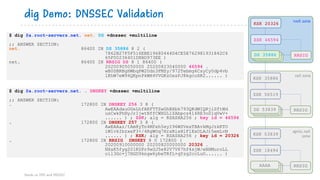 $ dig @a.root-servers.net. . DNSKEY +dnssec +multiline
;; ANSWER SECTION:
. 172800 IN DNSKEY 256 3 8 (
AwEAAdauOGxLhfAKFTTZwGhBXbk793QKdWIQRjiSftWd
usCwkPhNyJrIjwtNffCWXGLlZAbpcs414RE3oS1qVwV+
...... ) ; ZSK; alg = RSASHA256 ; key id = 46594
. 172800 IN DNSKEY 257 3 8 (
AwEAAaz/tAm8yTn4Mfeh5eyI96WSVexTBAvkMgJzkKTO
iW1vkIbzxeF3+/4RgWOq7HrxRixHlFlExOLAJr5emLvN
...... ) ; KSK; alg = RSASHA256 ; key id = 20326
. 172800 IN RRSIG DNSKEY 8 0 172800 (
20200910000000 20200820000000 20326 .
NXsK5fyg201KDPr9xGJ5e82V7V67hf4sjW/eNHMuroLL
oil3Gc+j7HGD9kngw6ybeTRfL+qYzg2ccLuO...... )
dig Demo: DNSSEC Validation
Hands on DNS and DNSSEC
AAAA
AAAA RRSIG
ZSK 18494
KSK 53839
RRSIG
ZSK 56519
KSK 35886
RRSIG
ZSK 46594
KSK 20326
$ dig @a.root-servers.net. net. DS +dnssec +multiline
;; ANSWER SECTION:
net. 86400 IN DS 35886 8 2 (
7862B27F5F516EBE19680444D4CE5E762981931842C4
65F00236401D8BD973EE )
net. 86400 IN RRSIG DS 8 1 86400 (
20200905050000 20200823040000 46594 .
wB0DBRBgHWbqPW2Udn3FMZy/972Tebmg6CsyCy0dp4vb
lKhW7eW94QKpnPkWH4VVGKzOxsPJ8kgcoXR2...... )
root zone
net zone
apnic.net
zone
DS 35886
DS 53839
 