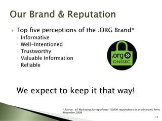    Top five perceptions of the .ORG Brand*
    ◦   Informative
    ◦   Well-Intentioned
    ◦   Trustworthy
    ◦   Valuable Information
    ◦   Reliable




    We expect to keep it that way!

                       * Source: e5 Marketing Survey of over 10,000 respondents in an electronic form,
                       November 2008
                                                                                                  12
 