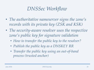 DNSSec Workflow
• The authoritative nameserver signs the zone’s
records with its private key (ZSK and KSK)
• The security-aware resolver uses the respective
zone’s public key for signature validation
• How to transfer the public key to the resolver?
• Publish the public key as a DNSKEY RR
• Transfer the public key using an out-of-band
process (trusted anchor)
June 2014 DNS Security 25
 