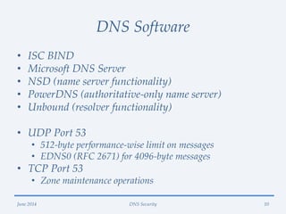 DNS Software
• ISC BIND
• Microsoft DNS Server
• NSD (name server functionality)
• PowerDNS (authoritative-only name serve...