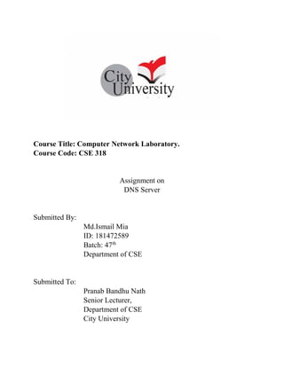 Course Title: Computer Network Laboratory.
Course Code: CSE 318
Assignment on
DNS Server
Submitted By:
Md.Ismail Mia
ID: 181472589
Batch: 47th
Department of CSE
Submitted To:
Pranab Bandhu Nath
Senior Lecturer,
Department of CSE
City University
 