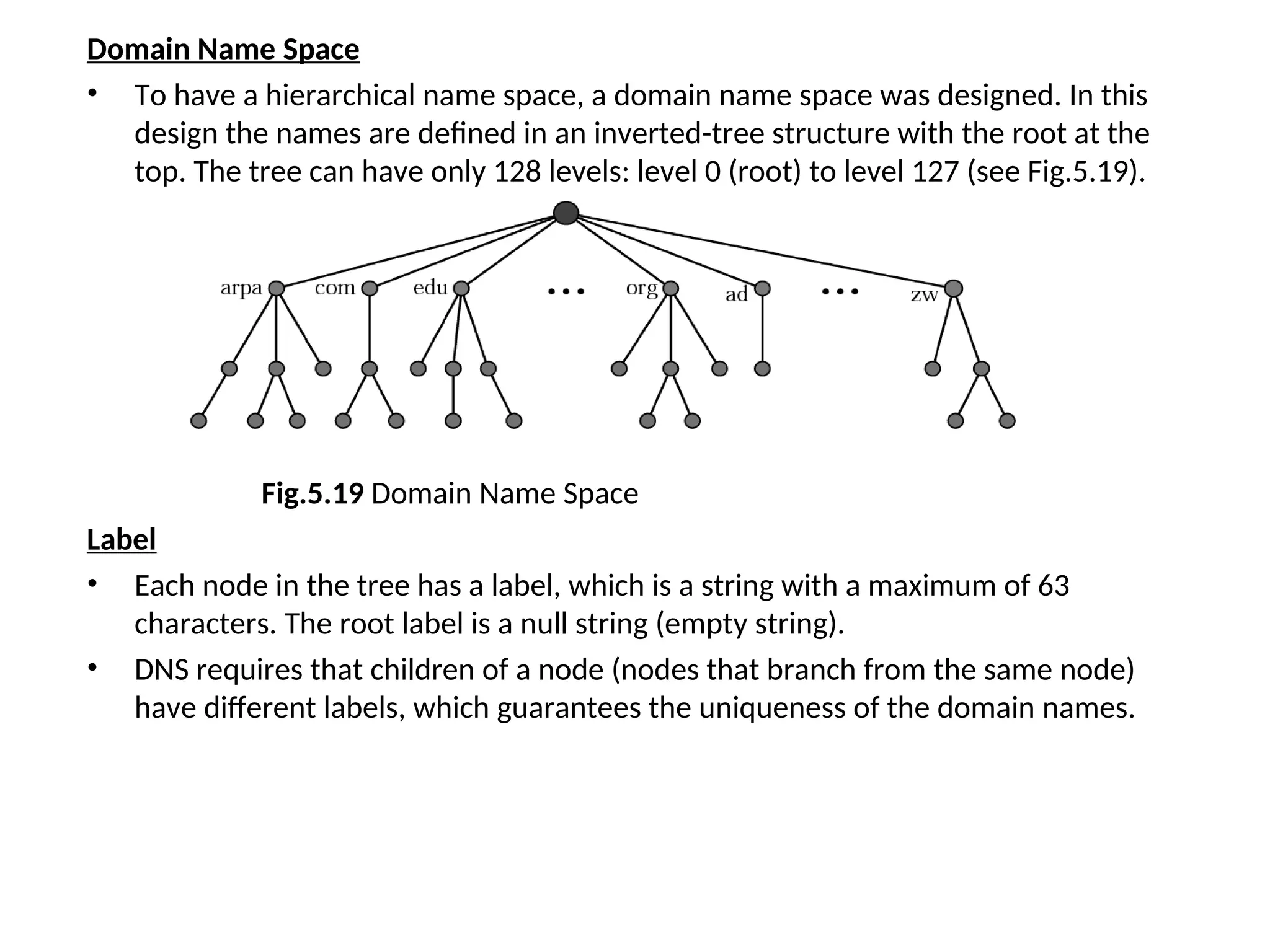 Domain Name Space • To have a hierarchical name space, a domain name space was designed. In this design the names are defined in an inverted-tree structure with the root at the top. The tree can have only 128 levels: level 0 (root) to level 127 (see Fig.5.19). Fig.5.19 Domain Name Space Label • Each node in the tree has a label, which is a string with a maximum of 63 characters. The root label is a null string (empty string). • DNS requires that children of a node (nodes that branch from the same node) have different labels, which guarantees the uniqueness of the domain names. 