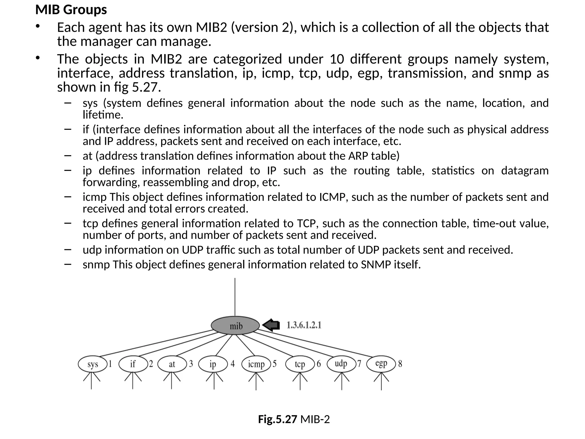 MIB Groups • Each agent has its own MIB2 (version 2), which is a collection of all the objects that the manager can manage. • The objects in MIB2 are categorized under 10 different groups namely system, interface, address translation, ip, icmp, tcp, udp, egp, transmission, and snmp as shown in fig 5.27. – sys (system defines general information about the node such as the name, location, and lifetime. – if (interface defines information about all the interfaces of the node such as physical address and IP address, packets sent and received on each interface, etc. – at (address translation defines information about the ARP table) – ip defines information related to IP such as the routing table, statistics on datagram forwarding, reassembling and drop, etc. – icmp This object defines information related to ICMP, such as the number of packets sent and received and total errors created. – tcp defines general information related to TCP, such as the connection table, time-out value, number of ports, and number of packets sent and received. – udp information on UDP traffic such as total number of UDP packets sent and received. – snmp This object defines general information related to SNMP itself. Fig.5.27 MIB-2 