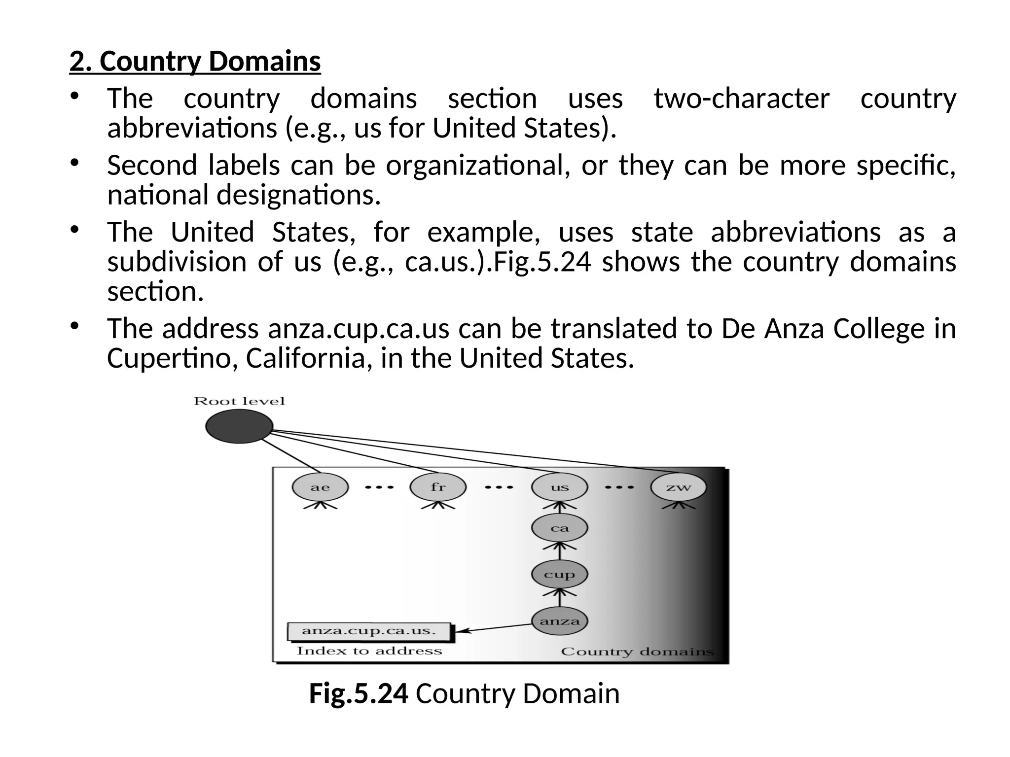 2. Country Domains • The country domains section uses two-character country abbreviations (e.g., us for United States). • Second labels can be organizational, or they can be more specific, national designations. • The United States, for example, uses state abbreviations as a subdivision of us (e.g., ca.us.).Fig.5.24 shows the country domains section. • The address anza.cup.ca.us can be translated to De Anza College in Cupertino, California, in the United States. Fig.5.24 Country Domain 