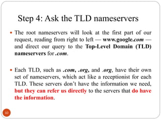 Step 4: Ask the TLD nameservers
 The root nameservers will look at the first part of our
request, reading from right to left — www.google.com —
and direct our query to the Top-Level Domain (TLD)
nameservers for .com.
 Each TLD, such as .com, .org, and .org, have their own
set of nameservers, which act like a receptionist for each
TLD. These servers don‘t have the information we need,
but they can refer us directly to the servers that do have
the information.
10
 