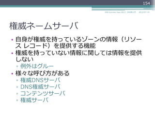 権威ネームサーバ
•  ⾃自⾝身が権威を持っているゾーンの情報（リソース  
レコード）を提供する機能
•  権威を持っていない情報に関しては情報を提供しな
い
▫  例例外はグルー
•  様々な呼び⽅方がある
▫  Authoritative Name Server (RFC 1034, 1035によ
る)
▫  権威DNSサーバ
▫  DNS権威サーバ
▫  コンテンツサーバ
▫  権威サーバ
154
2014/06/26DNS Summer Days 2014 - DNS再⼊入⾨門
 