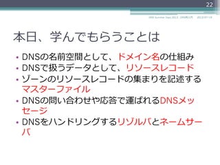 本セッションで学んでもらうことは
•  DNSの名前空間として、ドメイン名の仕組み
•  DNSで扱うデータとして、リソースレコード
•  ゾーンのリソースレコードの集まりを記述する
マスターファイル
•  DNSの問い合わせや応答で運ばれるDNSメッ
セージ
•  DNSをハンドリングするリゾルバとネームサー
バ
22
2014/06/26DNS Summer Days 2014 - DNS再⼊入⾨門
 