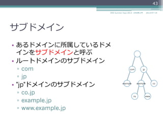 完全修飾ドメイン名(FQDN)
•  ソフトウェアがドメイン名を扱うときには
FQDNを⽤用いる
•  ソフトウェアにドメイン名を設定/⼊入⼒力力するとき
にはFQDNを⼊入⼒力力する
•  ルートドメインに対する相対ドメイン名と考え
るとよい
▫  検索索リストのメンバーとしてルート"."が解釈され
るため
43
2014/06/26DNS Summer Days 2014 - DNS再⼊入⾨門
 