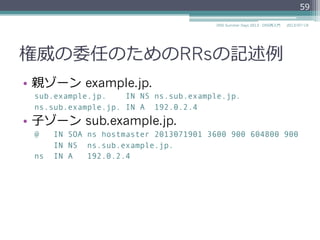 権威の委任
•  ゾーン分割場所（zone cut）のドメイン名に対し
てNS RRsとグルー（glue）RRsを登録する。
▫  親ゾーンは⼦子ゾーンの権威ネームサーバのNSレコー
ドとAレコードあるいはAAAAレコードを登録する
▫  ⼦子ゾーンは⾃自⾝身のゾーンのSOAレコードとNSレコー
ドとAレコードあるいはAAAAレコードを登録する。
59
2014/06/26DNS Summer Days 2014 - DNS再⼊入⾨門
 