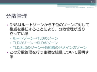 分散管理理
•  DNSはルートゾーンから下位のゾーンに対して
権威を委任することにより、分散管理理が成り
⽴立立っている
▫  ルートゾーン→TLDのゾーン
▫  TLDのゾーン→SLDのゾーン
▫  TLD,SLDのゾーン→各組織のドメインのゾーン
•  この分散管理理を⾏行行う主要な組織について説明す
る
61
2014/06/26DNS Summer Days 2014 - DNS再⼊入⾨門
 