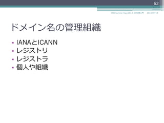ドメイン名の管理理組織
•  IANAとICANN
•  レジストリ
•  レジストラ
•  個⼈人や組織
62
2014/06/26DNS Summer Days 2014 - DNS再⼊入⾨門
 