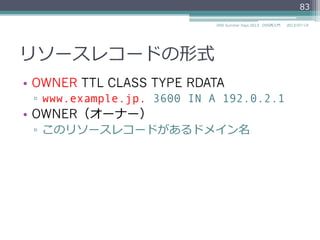 ORNER（オーナー）
•  OWNER TTL CLASS TYPE RDATA
▫  www.example.jp. 3600 IN A 192.0.2.1
•  説明
▫  このリソースレコードがある
ドメイン名
83
2014/06/26DNS Summer Days 2014 - DNS再⼊入⾨門
com jp
coexampleexample
ns www
ドメイン名空間
ゾーン
 