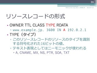 TYPE（タイプ）
•  OWNER TTL CLASS TYPE RDATA
▫  www.example.jp. 3600 IN A 192.0.2.1
•  説明
▫  このリソースレコードのリソースのタイプを識識別
する符号化された16ビットの値。
▫  テキスト表現としてはニーモニックが使われる
–  A, CNAME, MX, NS, PTR, SOA, TXT
86
2014/06/26DNS Summer Days 2014 - DNS再⼊入⾨門
 