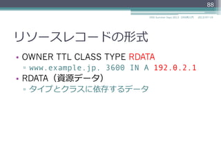 RDATA（資源データ）
•  OWNER TTL CLASS TYPE RDATA
▫  www.example.jp. 3600 IN A 192.0.2.1
•  説明
▫  タイプとクラスに依存するデータ
88
2014/06/26DNS Summer Days 2014 - DNS再⼊入⾨門
 