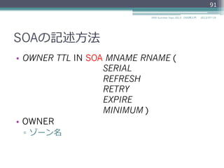 SOAの記述⽅方法
•  OWNER TTL IN SOA MNAME RNAME (
SERIAL
REFRESH
RETRY
EXPIRE
MINIMUM )
•  OWNER
▫  ゾーン名
91
2014/06/26DNS Summer Days 2014 - DNS再⼊入⾨門
 