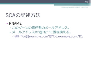 SOAの記述⽅方法
•  RNAME
▫  このゾーンの責任者のメールアドレス。
▫  メールアドレスの"@"を"."に置き換える。
–  例例）"foo@example.com"は"foo.example.com."に。
93
2014/06/26DNS Summer Days 2014 - DNS再⼊入⾨門
 