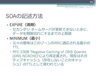 SOAの記述⽅方法
•  EXPIRE（満期）
▫  セカンダリ  ネームサーバが更更新できないときに、
データを期限切切れにするまでの上限値
•  MINIMUM（最⼩小）
▫  元々の意味はこのゾーンのRRに適応される最⼩小の
TTL
▫  RFC 2308 により再定義され、現在はネガティブ
キャッシュ（存在しないことのキャッシュ）の
TTLとして使われている
95
2014/06/26DNS Summer Days 2014 - DNS再⼊入⾨門
参考
RFC 2308 Negative Caching of DNS Queries (DNS NCACHE)
 