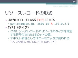 TYPE（タイプ）
•  OWNER TTL CLASS TYPE RDATA
▫  www.example.jp. 3600 IN A 192.0.2.1
•  説明
▫  このリソースレコードのリソースのタイプを識識別
する符号化された16...